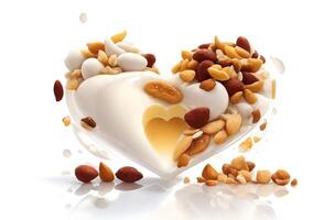 Concept of love-shaped milk wave while featuring the inclusion of various dry fruits Isolated on White Background - photo