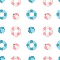 Seamless summer pattern with beach ball and inflatable circle. Vector illustration.