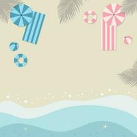 Bird's-eye view of the beach with umbrellas and beach towels. Vector illustration.