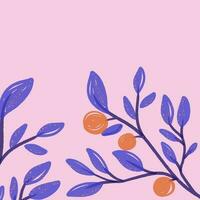 A pink background with a branch of oranges and blue leaves vector