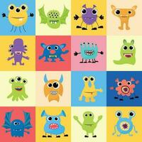 Seamless pattern with monster. Collection of monster isolated on color squares. Vector illustraiton