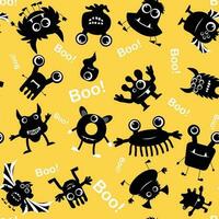 Seamless pattern with monster. Black monster on yellow background. Word boo. Vector illustraiton