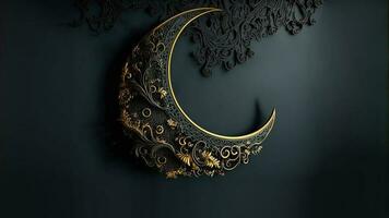 3D Render of Crescent Moon On Dark Background. Islamic Religious Concept. photo