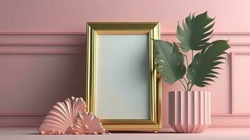 3D Render of Blank Golden Frame With Plant Pot, Abstract Clay Object On Pink Wall Panels Mockup. photo