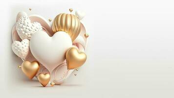 3D Render of Glossy Heart Shapes In White And Golden Color. photo