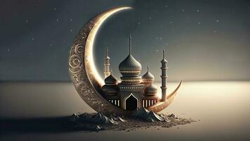 3D Render of Shiny Exquisite Crescent Moon With Carved Mosque On Night Background. Islamic Religious Concept. photo