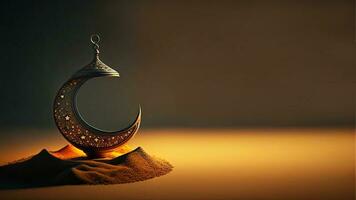 3D Render of Crescent Moon Decorated With Glowing Stars On Dune. Islamic Religious Concept. photo