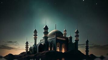 View of Mosque In Starry Night, Mosque Reflection In The Water. Islamic Religious Concept. 3D Render. photo