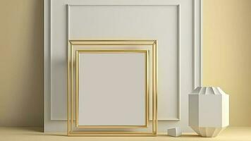 3D Render of Golden Square Frame With Image Placeholder On Interior Wall Panels Mock Up. photo