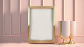 realista dorado foto marco con imagen marcador de posición y dos Clásico vaso en rosado interior pared paneles Bosquejo. 3d representación.