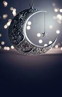 3D Render of Exquisite Crescent Moon And Hanging Star On Bokeh Background. Islamic Religious Concept. photo