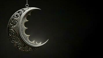 3D Render of Hanging Exquisite Shiny Carved Moon Black Background. Islamic Religious Concept. photo