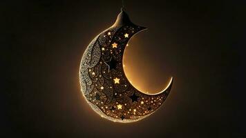 3D Render of Hanging Exquisite Carved Moon With Star On Dark Background. Islamic Religious Concept. photo