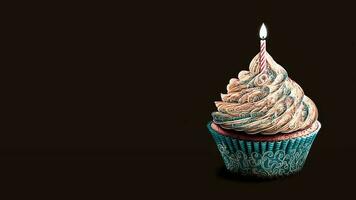 Realistic Lit Candle On Colorful Cupcake. 3D Render. photo