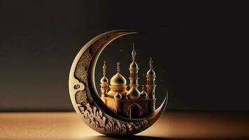 3D Render of Paper Cut Crescent Moon With Beautiful Mosque On Dark Background. Islamic Religious Concept. photo