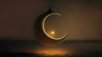 3D Render of Dispersion Effect Hanging Crescent Moon On Dark Background. Islamic Religious Concept. photo