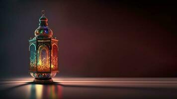 Realistic Illuminated Arabic Lantern On Dark Background. Islamic Religious Concept. 3D Render. photo