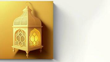 Realistic Illuminated Arabic Lantern On Golden And White Background. Islamic Religious Concept. 3D Render. photo