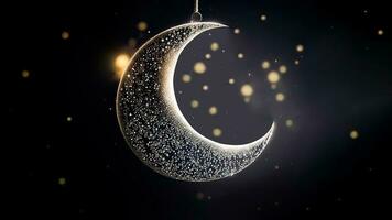 3D Render of Exquisite Crescent Moon Hang On Lighting Bokeh Background. Islamic Religious Concept. photo