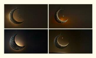 Collection of Hanging Exquisite Crescent Moon With Star On Dark Background. 3D Render. Islamic Festival Concept. photo