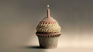 Colorful Cupcake With Lit Candle. 3D Rendering. photo