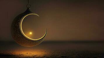 3D Render of Dispersion Effect Hanging Crescent Moon On Dark Background. Islamic Religious Concept. photo