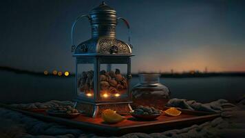 3D Render of Silver Arabic  Dates Jug With Glass, Dry Fruits On Plate Against Sand Dune. Islamic Religious Concept. photo