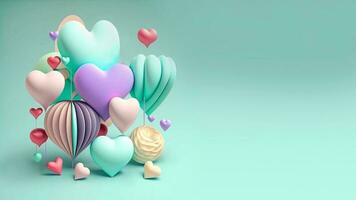3D Render, Clay Modeling of Soft Pastel Color Heart Shape Balloons. photo