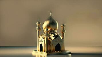 3D Illustration Of Golden Exquisite Mosque On Olive Brown Background. Islamic Religious Concept. photo