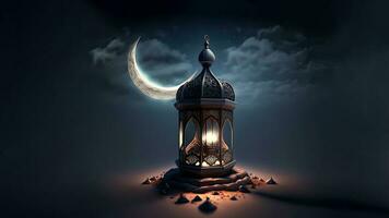 3D Render of Illuminated Arabic Lamp On Realistic Crescent Moon Night Background. Islamic Religious Concept. photo