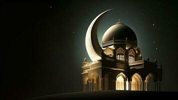 3D Render of Exquisite Mosque And Crescent Moon At Night. Islamic Religious Concept. photo