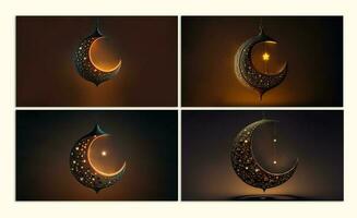 Collection of Hanging Exquisite Crescent Moon With Golden Shiny Star On Dark Background. 3D Render. photo
