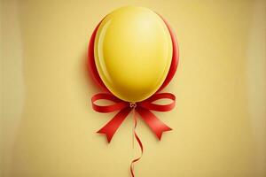 3D Render, Glossy Yellow Balloon With Red Ribbon Against Background. photo