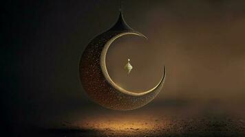 3D Render of Hanging Exquisite Crescent Moon With Stars On Black Background. Islamic Religious Concept. photo