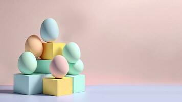 3D Render of Soft Color Eggs On Podium And Copy Space. Happy Easter Day Concept. photo