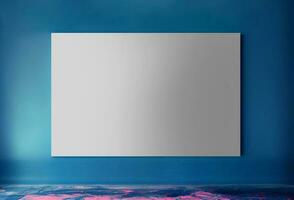 3D Render of Blank Canvas or Display, Poster Mockup Against Blue Concrete Wall And Abstract Texture Floor. photo