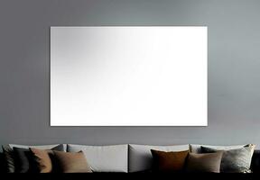 Blank White Canvas or Frame Mockup And Cushions On Lounger Sofa. 3D Rendering. photo