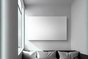 Light Reflection Inside Through Window And Blank Canvas or Frame Mockup On Interior Wall, Cushions. photo