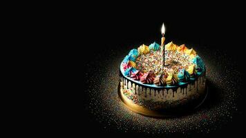 3D Render Of Realistic Colorful Sprinkles Cake With Lit Candle On Black Background. photo