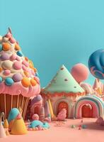 3D Render, Fantasy Colorful Candyland Background With Cupcake, Candies, Ice Cream, Clouds. photo