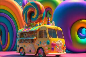 3D Render, Fantasy Colorful Food Truck of Candy Land Background. photo