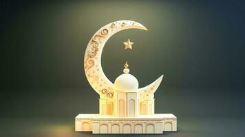 3D Render of Mosque With Crescent Moon And Star On Grey Background. Islamic Religious Concept. photo