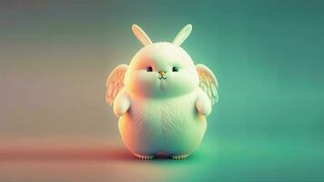 3D Render of Cute Rabbit Character With Wings On Shiny Pink And Green Gradient Background And Copy Space. photo