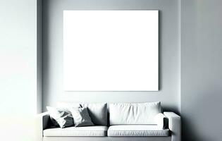 3D Render of Blank Square Canvas or Frame Mockup On Interior Wall, Cushions And Lounger Sofa. photo