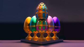 3D Render Of Colorful Floral Egg Shape Stands And Copy Space. Happy Easter Day Concept. photo