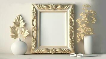 3D Render of Golden Vintage Frame With Image Placeholder And Artificial Plant Pots. photo