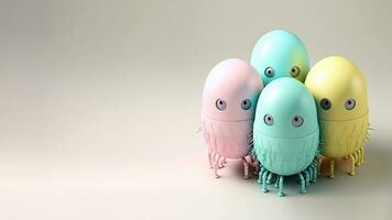 3D Render of Soft Color Robotic Egg Shape On Shiny Grey Background. Happy Easter Day Concept. photo