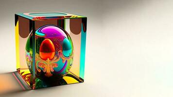 3D Render of Colorful Floral Printed Easter Egg In Glassware Box on Cosmic Latte Background And Copy Space. Happy Easter Day Concept. photo