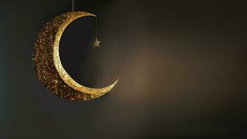 Hanging Exquisite Crescent Moon With Golden Shiny Star On Dark Background. 3D Render. photo