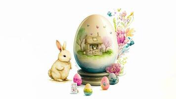 Illustration Of Nature Landscape House In Egg Shape Glassware With Flowers, Butterfly And Rabbit Character For Happy Easter Day Concept. photo